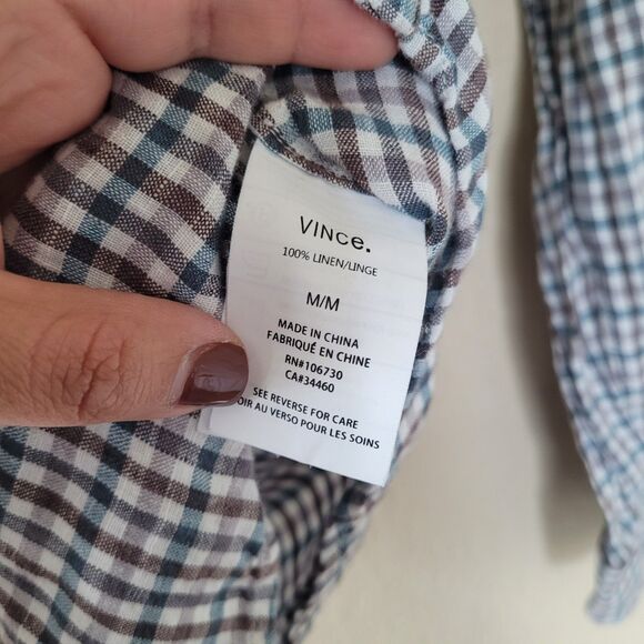 Vince 100% Linen Tattersall Button Front Shirt Mens Med Long Sleeve Lightweight - Picture 3 of 5